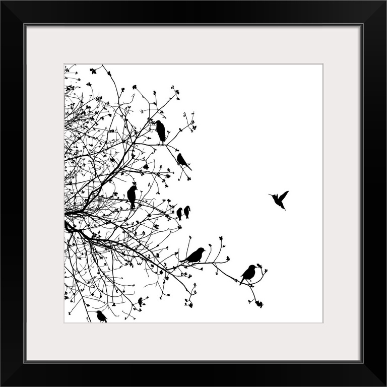 A black and white illustration of a group of birds sitting on a tree branch.