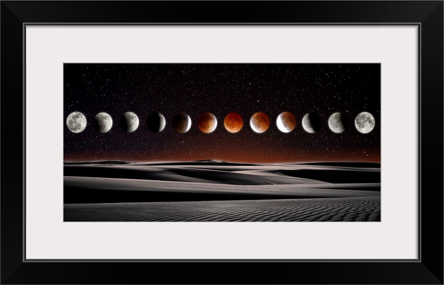 A horizontal composite photograph of the Blood Moon Eclipse.