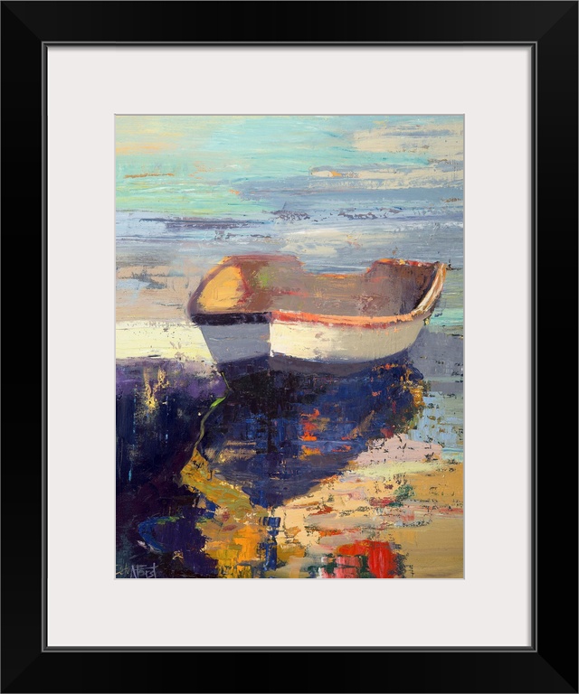 A contemporary coastal themed painting of a row boat sitting in still water.