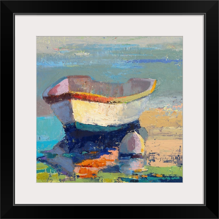 A contemporary coastal themed painting of a row boat sitting in still water.