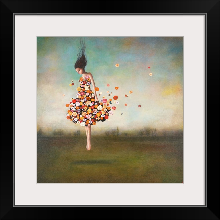 Contemporary surreal artwork of a woman wearing a dress made of flowers floating in the air.