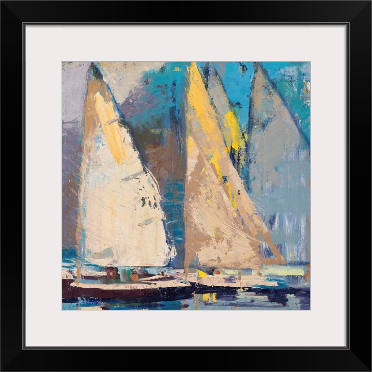 A contemporary coastal themed painting of sailboats in a harbor.