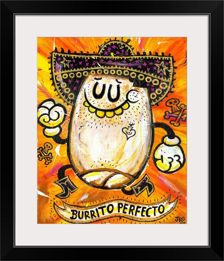 Latin art of a happy burrito wearing a decorated sombrero.