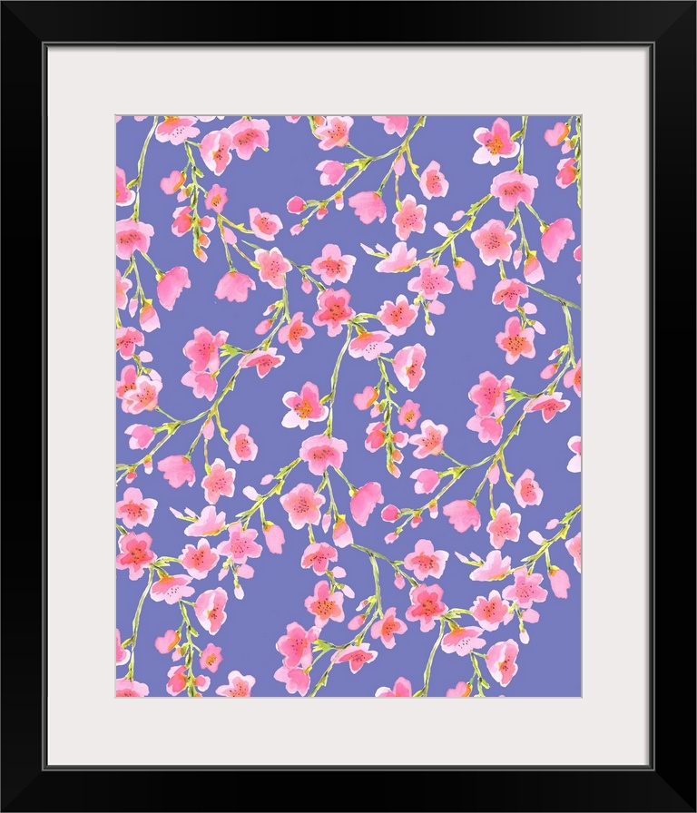 A painting of light pink flowers on vines against a purple background.