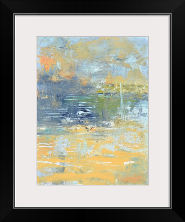 Abstract painting of the Chesapeake Bay in muted yellow, navy, and powder blue.