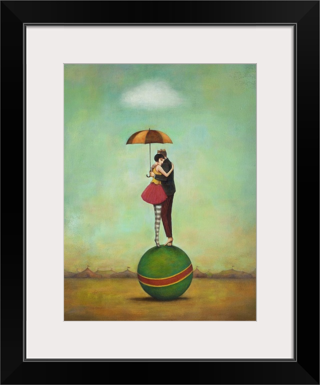 Contemporary surreal artwork of a woman and man embracing on top of a green ball.