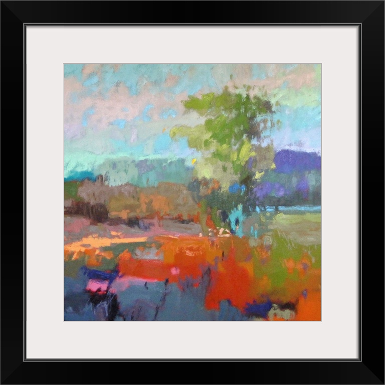 A contemporary abstract painting using vibrant colors resembling a countryside landscape.