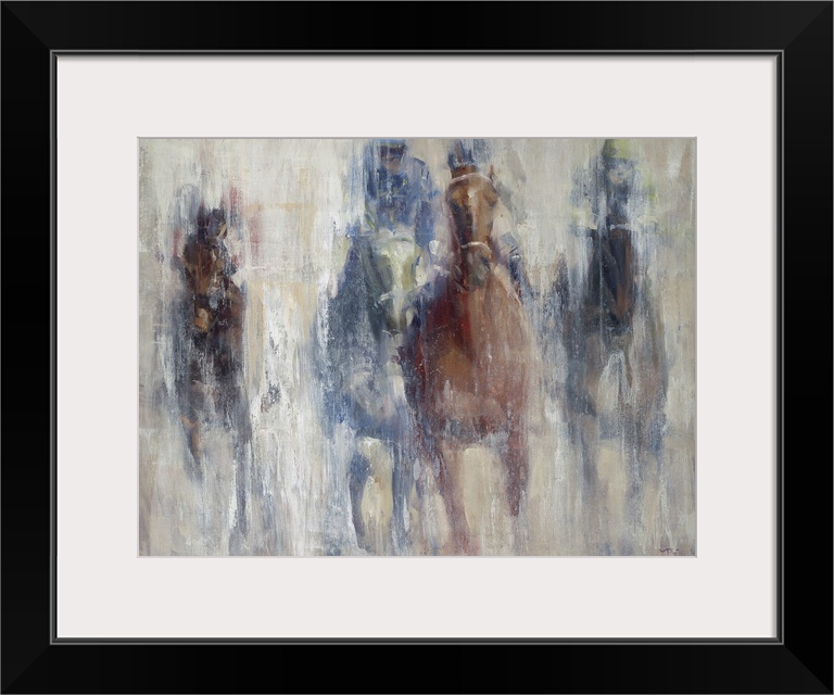 A contemporary painting of a horse derby, with the impression of the horses advancing toward you.