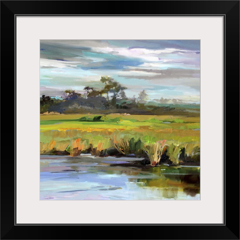 A contemporary painting of a marshland under a blue sky.
