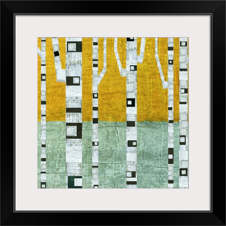 Stylized painting of a forest of white and black birch trees.