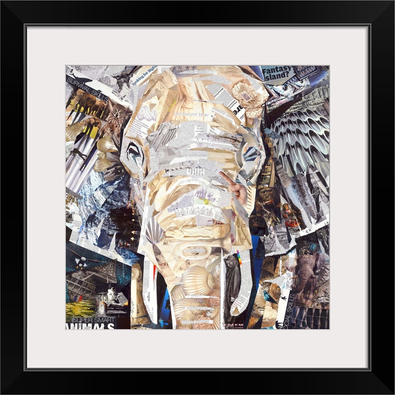 Mixed media artwork of an elephant  made from cut magazine and book pages.