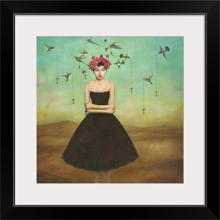 Contemporary surreal artwork of a woman with a flower crown and small birds circling her.