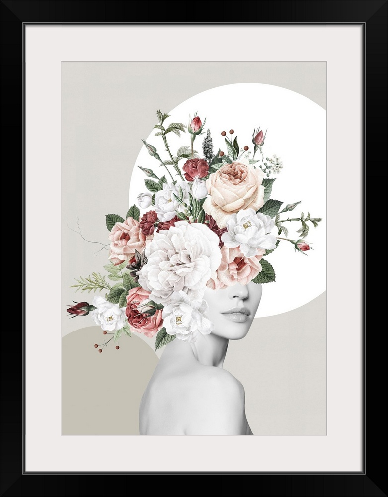 A contemporary surrealist portrait of a bare-shouldered woman whose head is covered with an explosion of flower blooms. In...