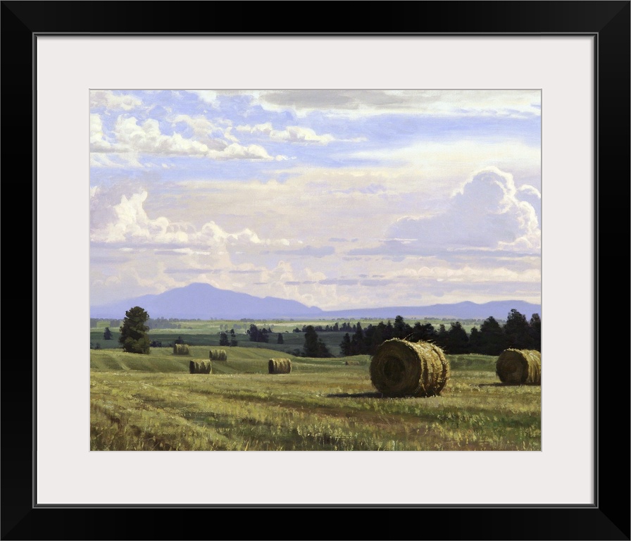 A contemporary landscape painting of freshly cut hay bails sitting in a countryside field.