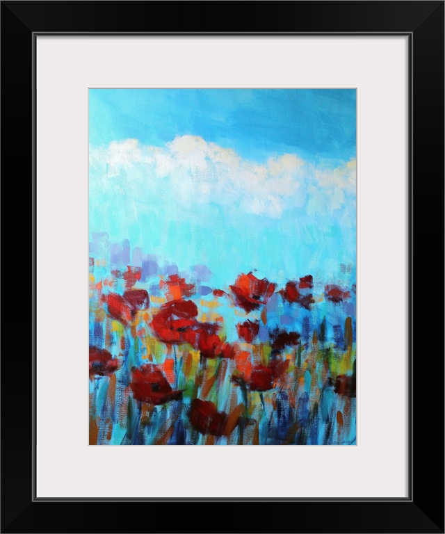 A colorful contemporary painting of a field of flowers.