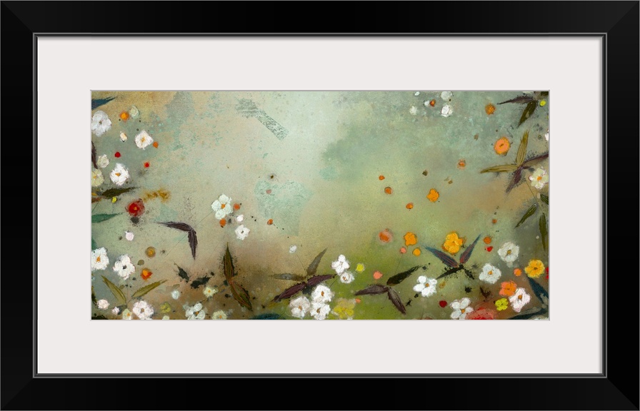 Contemporary painting of garden flowers in orange red and white.