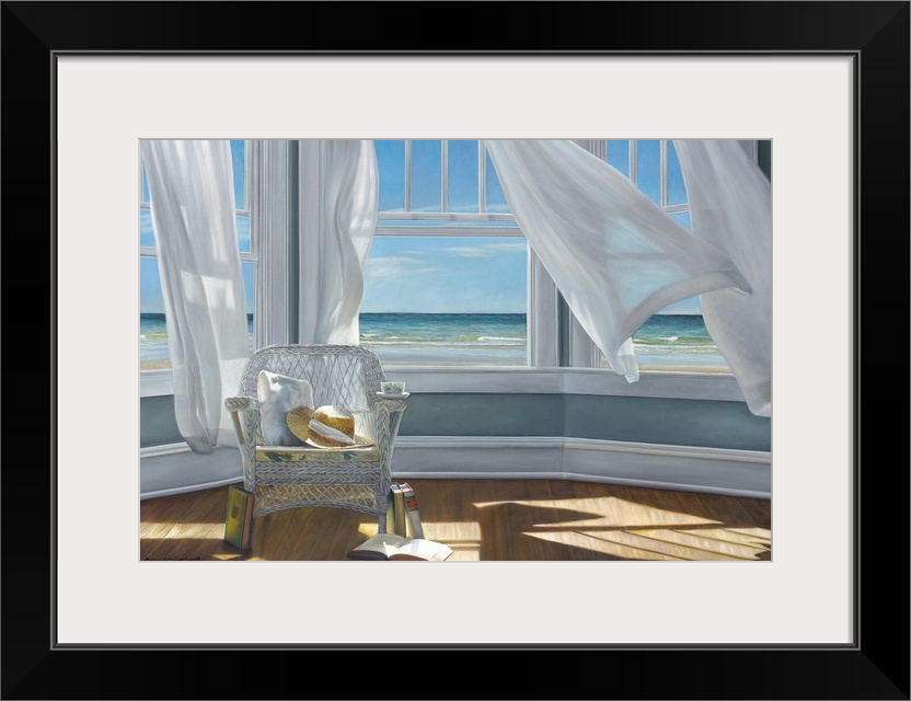 Contemporary still life painting of books and a hat on a chair next to an open window with a white curtain and the beach o...