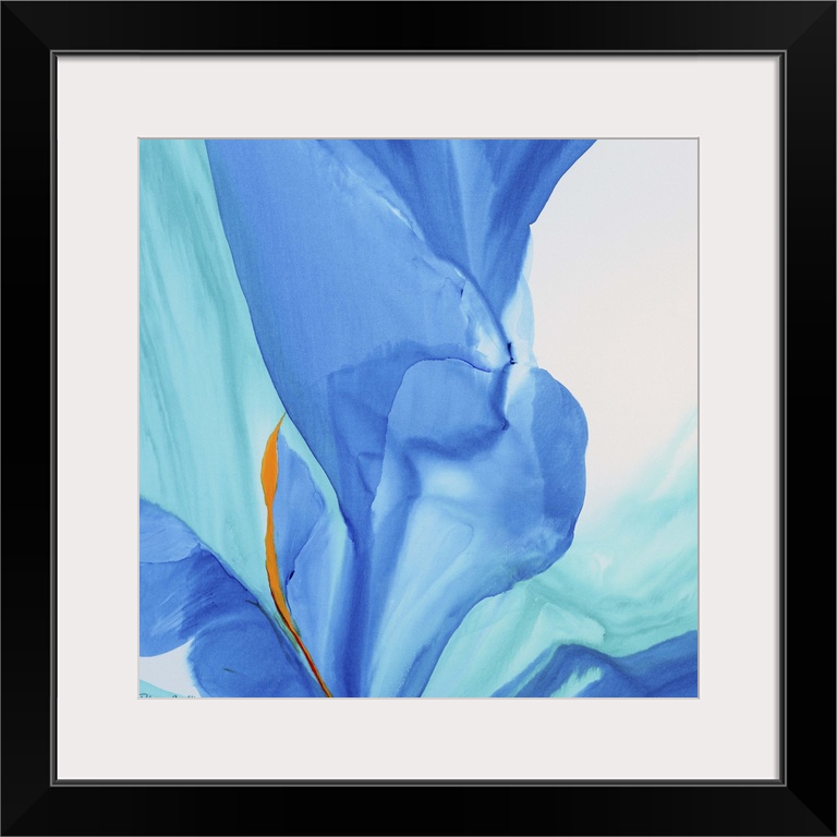 Contemporary abstract painting using tones of blue to make sinuous and smooth strokes of colors.