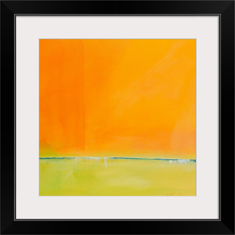 Contemporary abstract painting in bright orange and yellow-green.