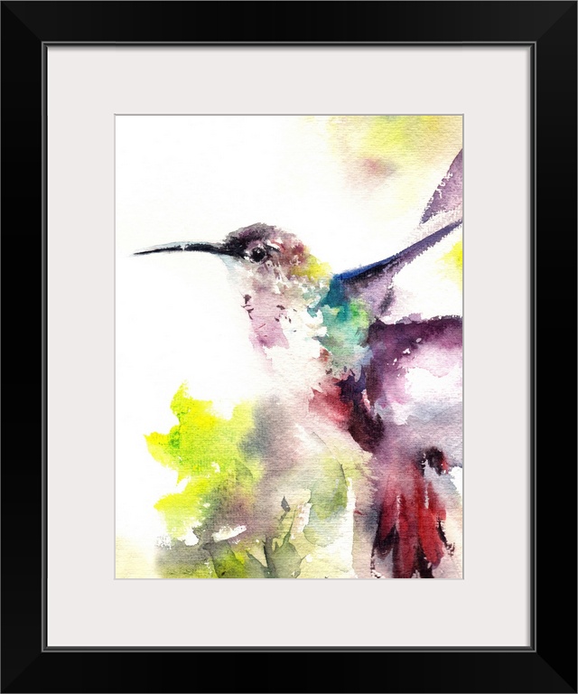 A contemporary watercolor painting of a hummingbird hovering against a white background.