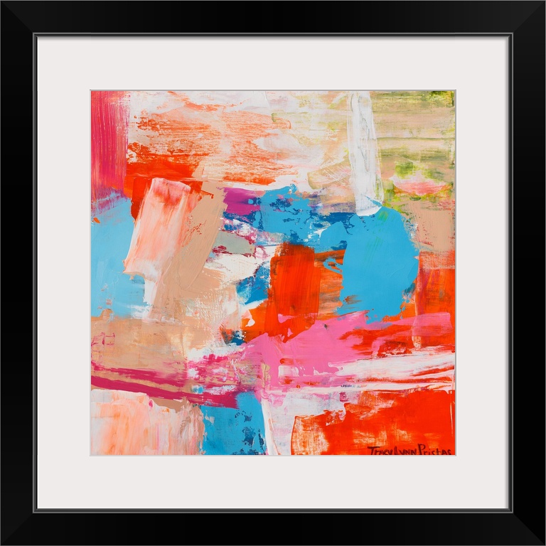 A square abstract painting of textured bright colors.