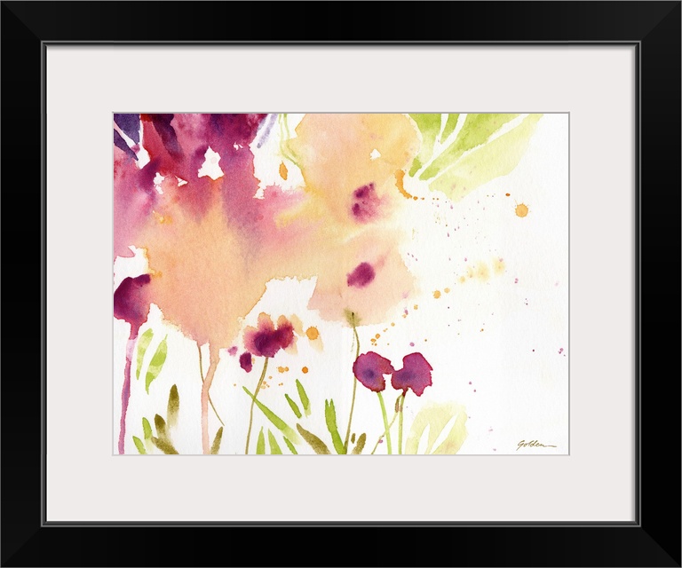 Contemporary watercolor painting of maroon and muted yellow flowers.