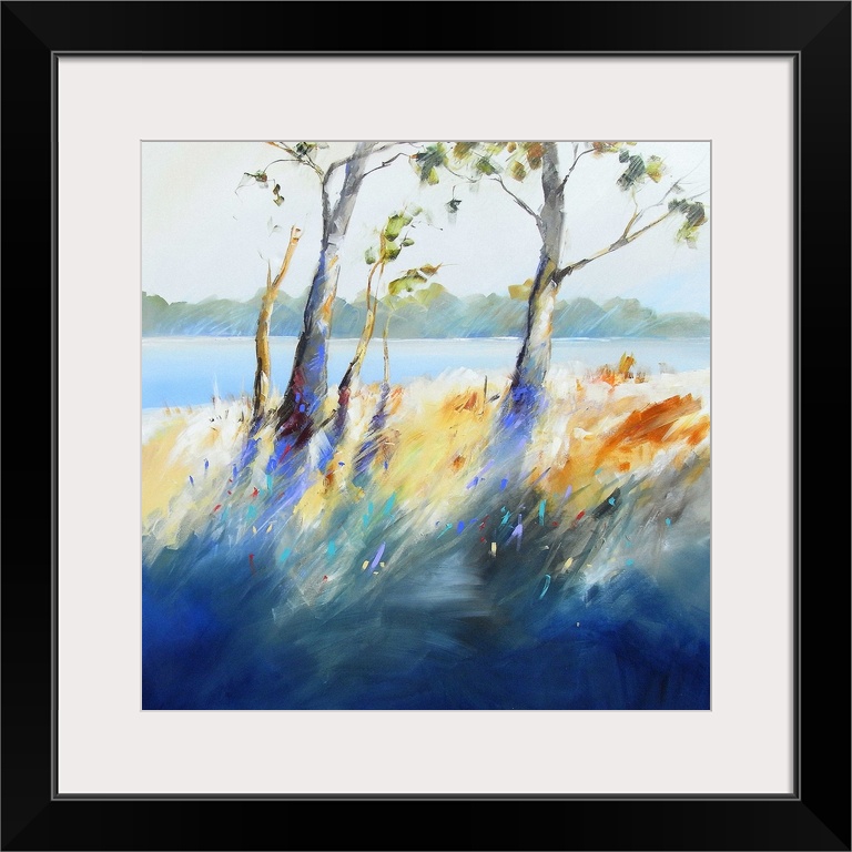 Contemporary painting of trees and grass growing next to a river.