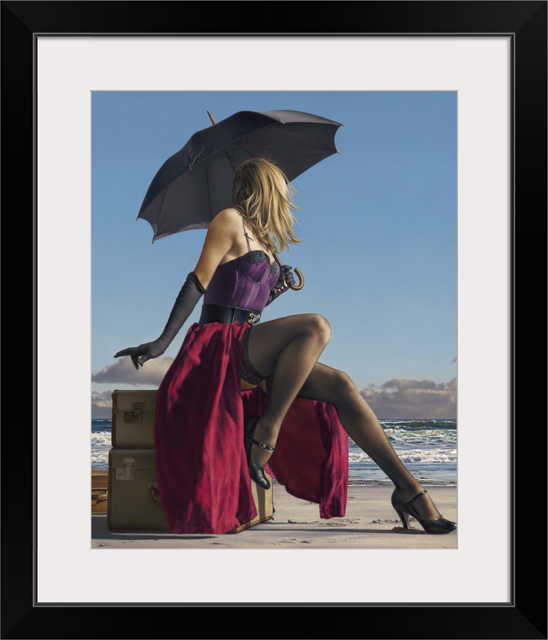 Contemporary painting of a woman wearing lingerie and holding an umbrella, while sitting on luggage on the beach.