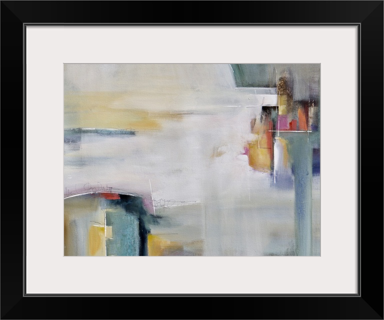 Contemporary abstract artwork in white and grey, with pops of yellow and red.