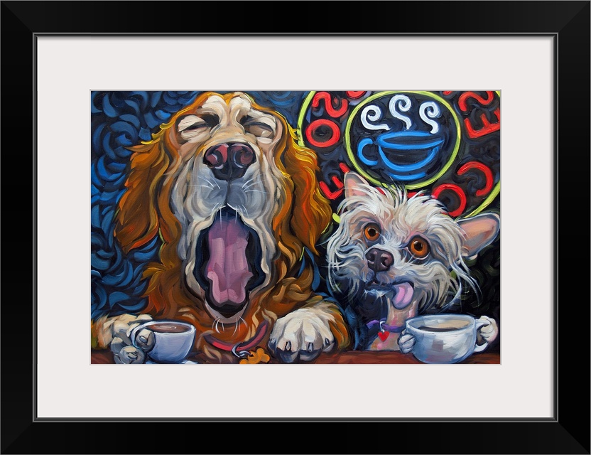 Thick brush strokes create a humorous scene of two dogs drinking coffee.