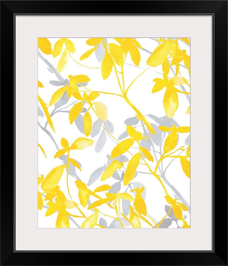 An abstract watercolor painting of branches of leaves in colors of yellow and gray.