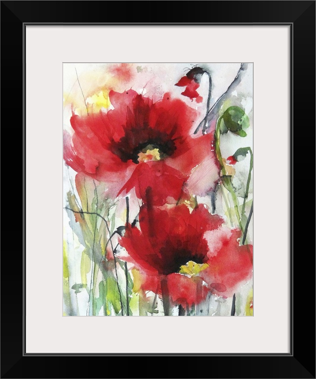 Contemporary watercolor painting of vibrant red flowers.