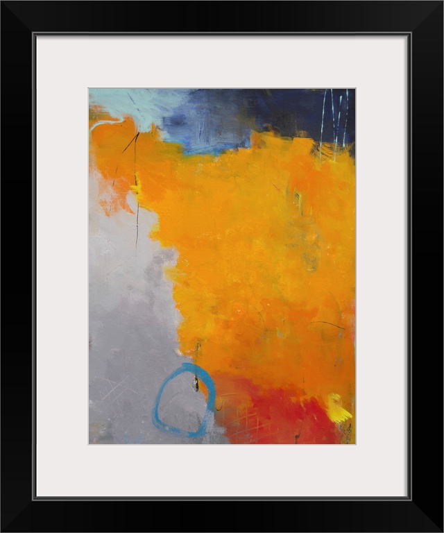 Contemporary abstract painting in brilliant orange hues on a gray background.