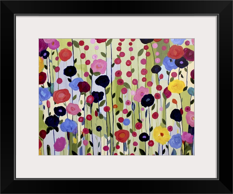 Colorful painting of a garden of bright flowers.