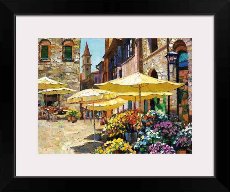 Contemporary art piece of a market in Italy that is filled with flowers and surrounded by stone buildings.