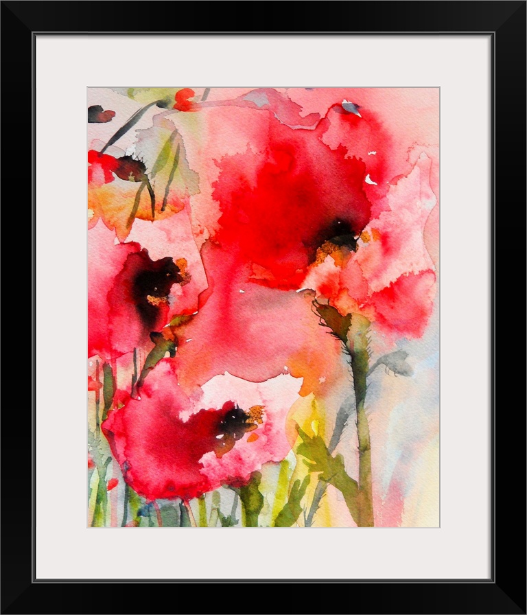 Contemporary watercolor painting of vibrant red flowers.