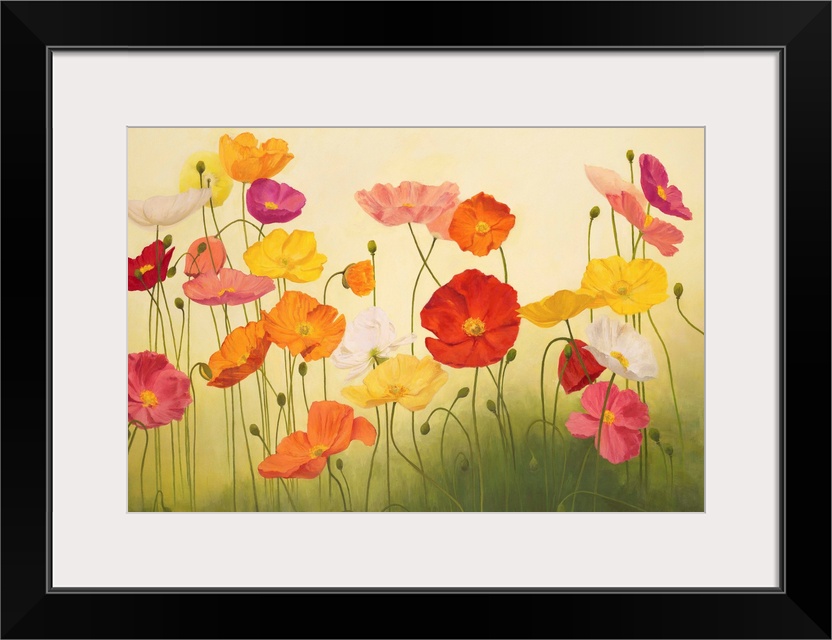 A contemporary painting of a group multi-colored poppy flowers in green grass.