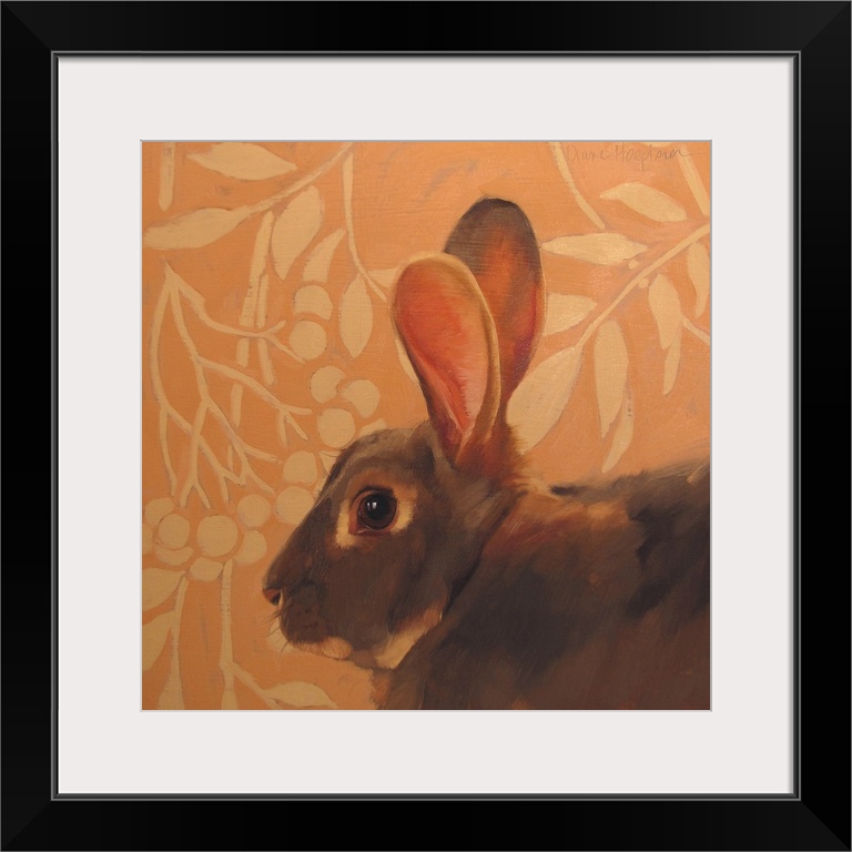 Contemporary painting of a brown rabbit with long ears in front of an orange wall.