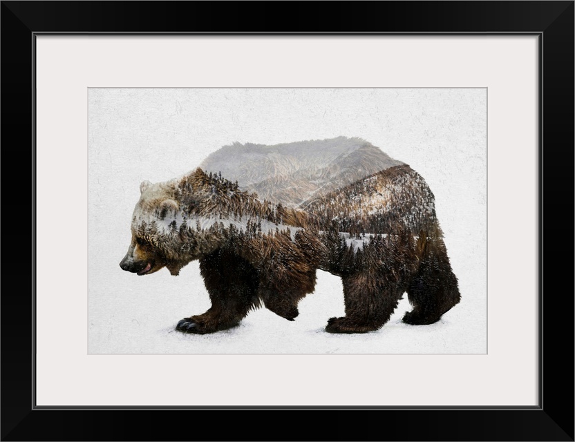 A contemporary piece of artwork of a wilderness scene withing the outline of a brown bear.