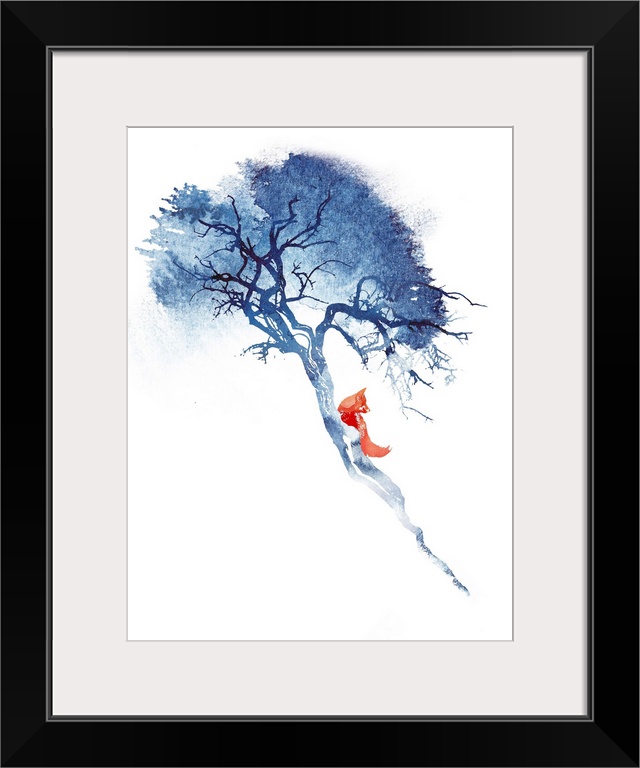 Contemporary artwork that features a lone red fox climbing a blue tree.