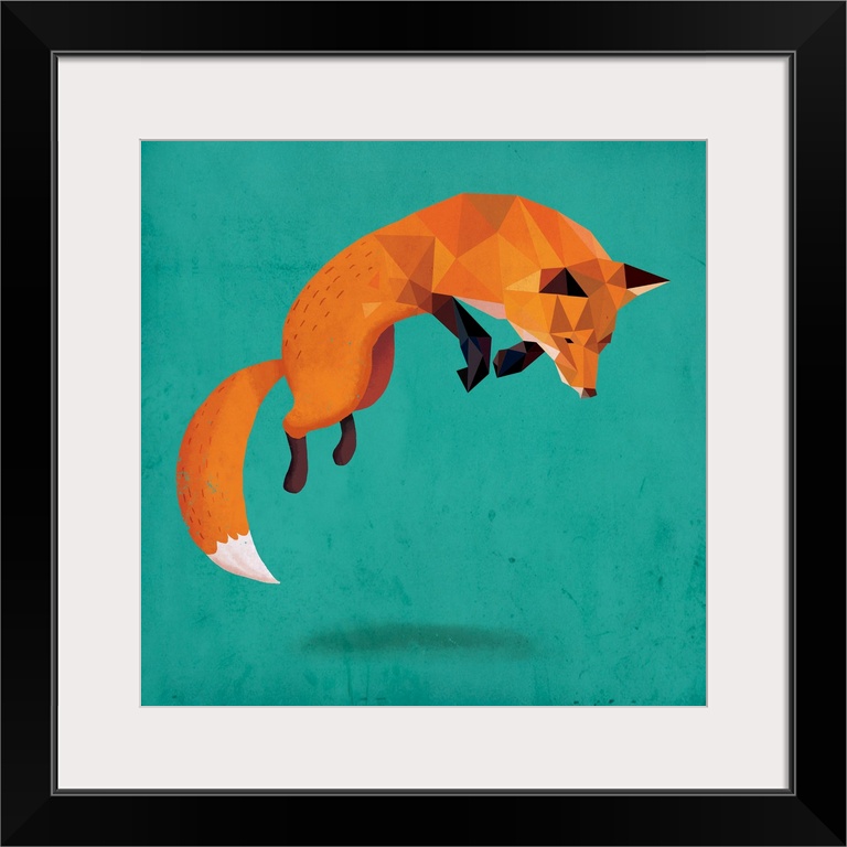 A digital illustration of a jumping fox on a teal background.