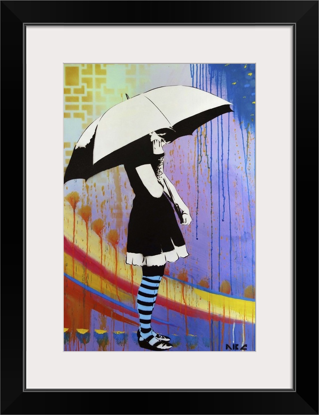 Urban painting of a woman holding a white umbrella.