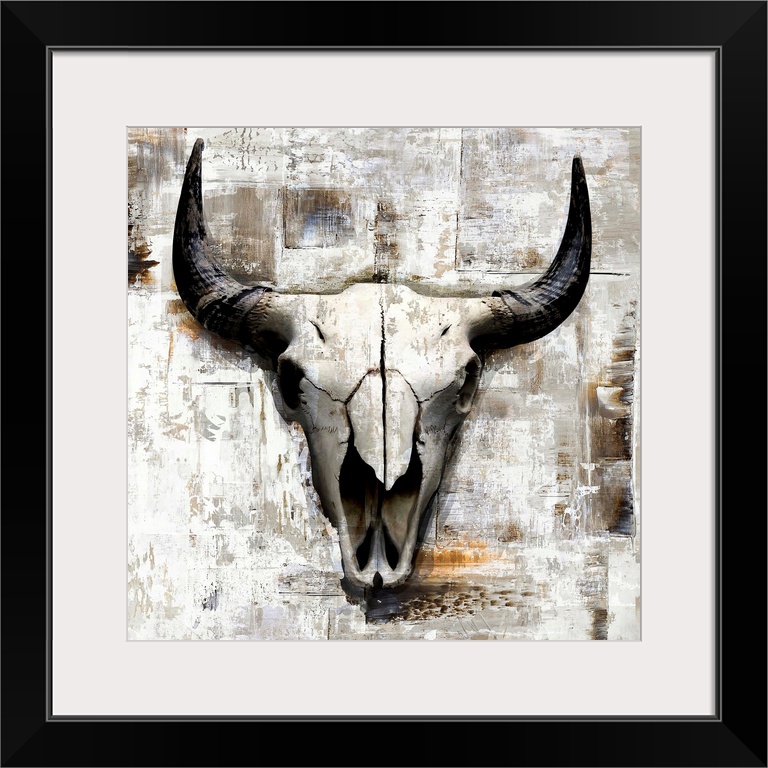 A digital illustration of a cow skull in neutral tones with a rustic textured effect.