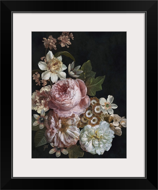 A cluster of beautiful old world flowers arranged over a dark background.