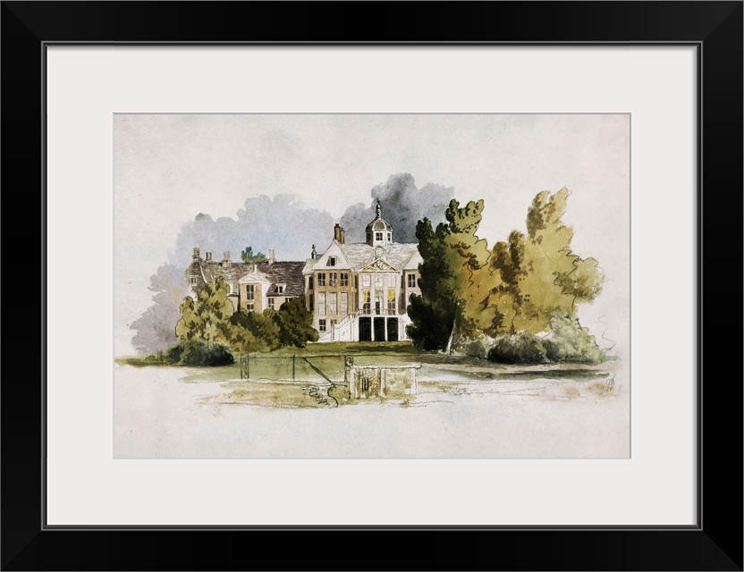A quaint forested estate in the country done in watercolor.
