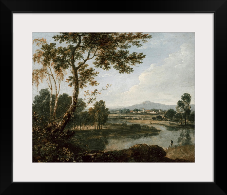 In this beautiful landscape, a tree stands at the river's edge, winding away toward a picturesque countryside estate.