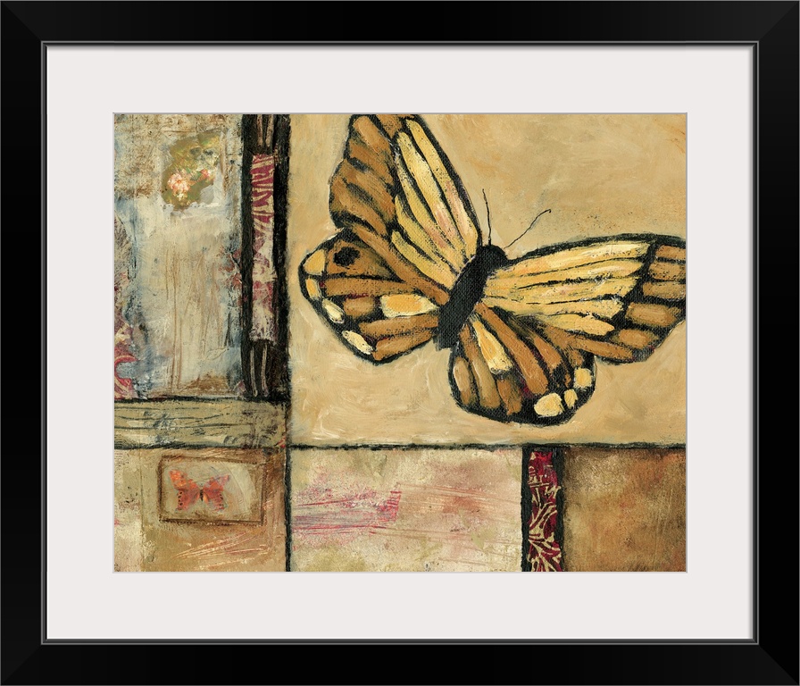 Contemporary artwork of a golden yellow butterfly over a distressed background.