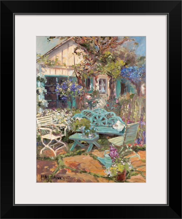 Fine art oil painting landscape of a front patio with flowers and plants by Allayn Stevens.