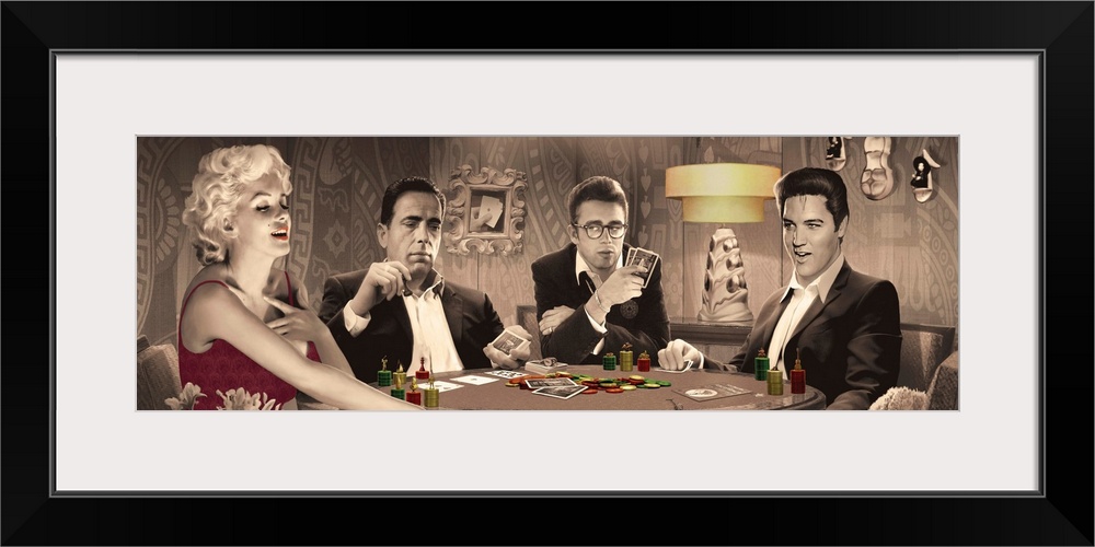 Painting of Marilyn Monroe, Humphrey Bogart, James Dean, and Elvis Presley playing cards together.