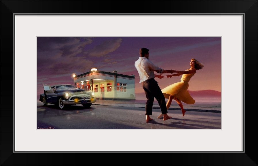 Contemporary artwork of a couple dancing at a vintage gas station after the sun has set.
